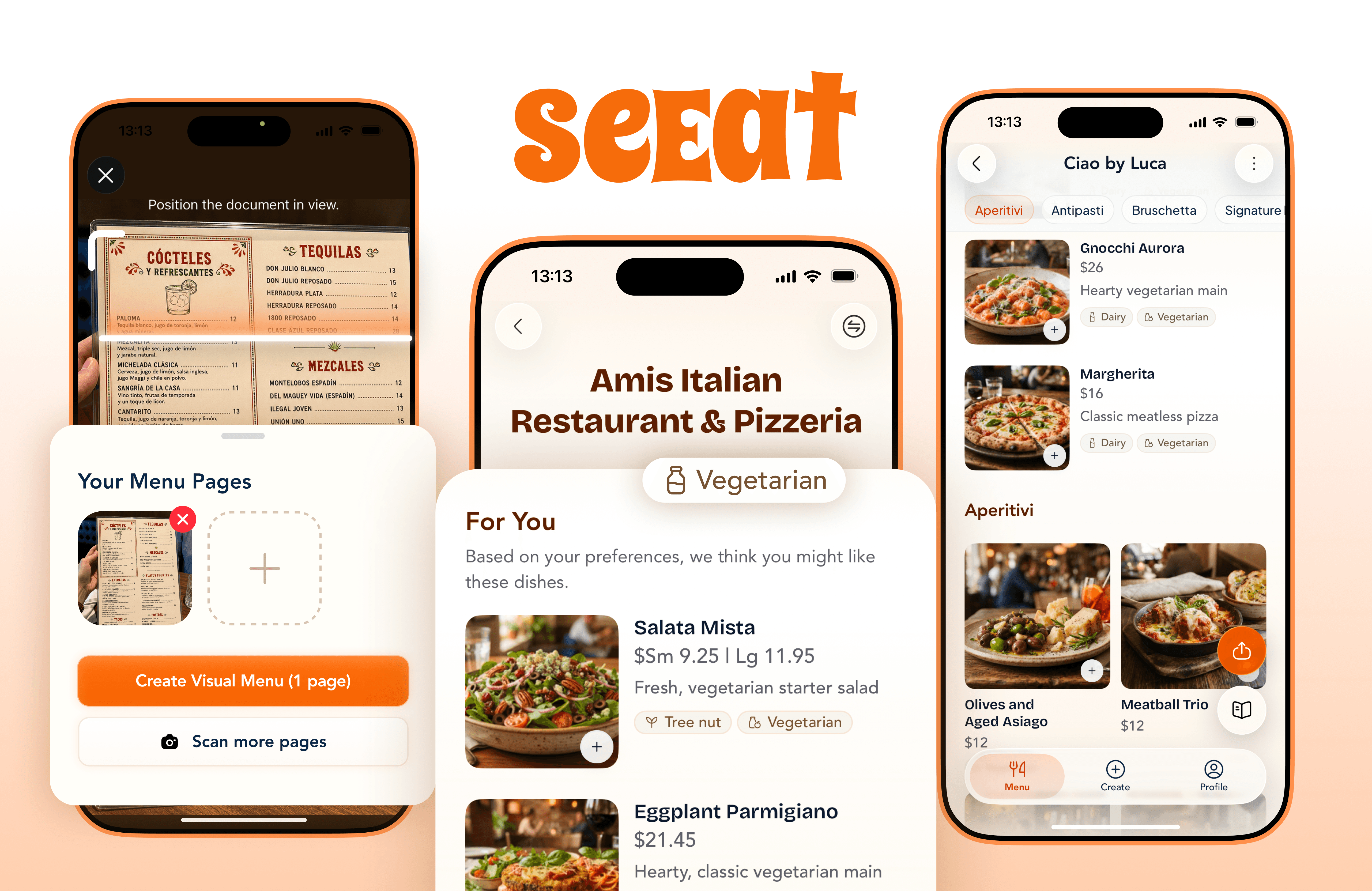 SeEat AI menu scanner app screens